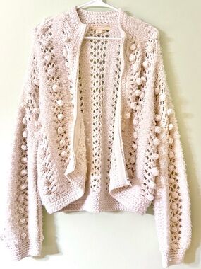 Saltwater Luxe Boho Chunky Knit Pom Pom Zip Cardigan Cream Size Large